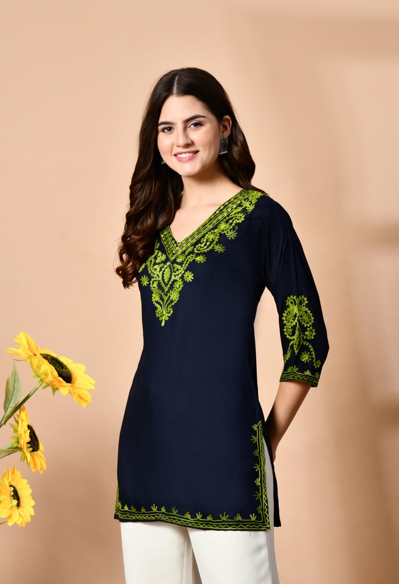 WESTEVER Embroidered Chikankari Kurti with Kashmiri Aari Work, V-Neck, 3/4 Sleeves, Rayon Fabric (in, Alpha, M, Regular, Navy-2) - Image 4