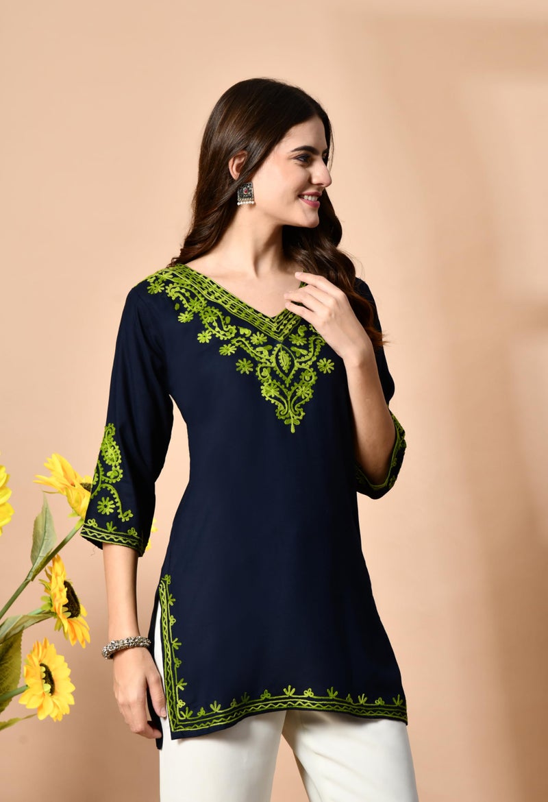 WESTEVER Embroidered Chikankari Kurti with Kashmiri Aari Work, V-Neck, 3/4 Sleeves, Rayon Fabric (in, Alpha, M, Regular, Navy-2) - Image 5