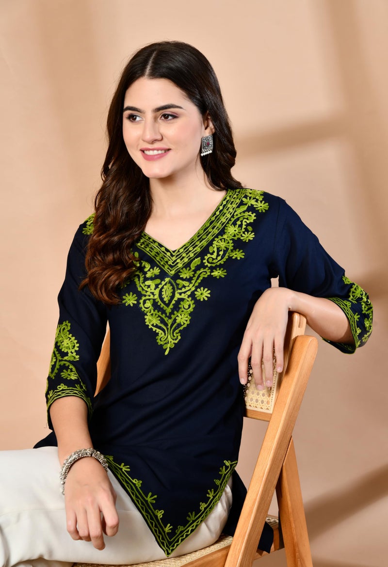 WESTEVER Embroidered Chikankari Kurti with Kashmiri Aari Work, V-Neck, 3/4 Sleeves, Rayon Fabric (in, Alpha, M, Regular, Navy-2) - Image 2