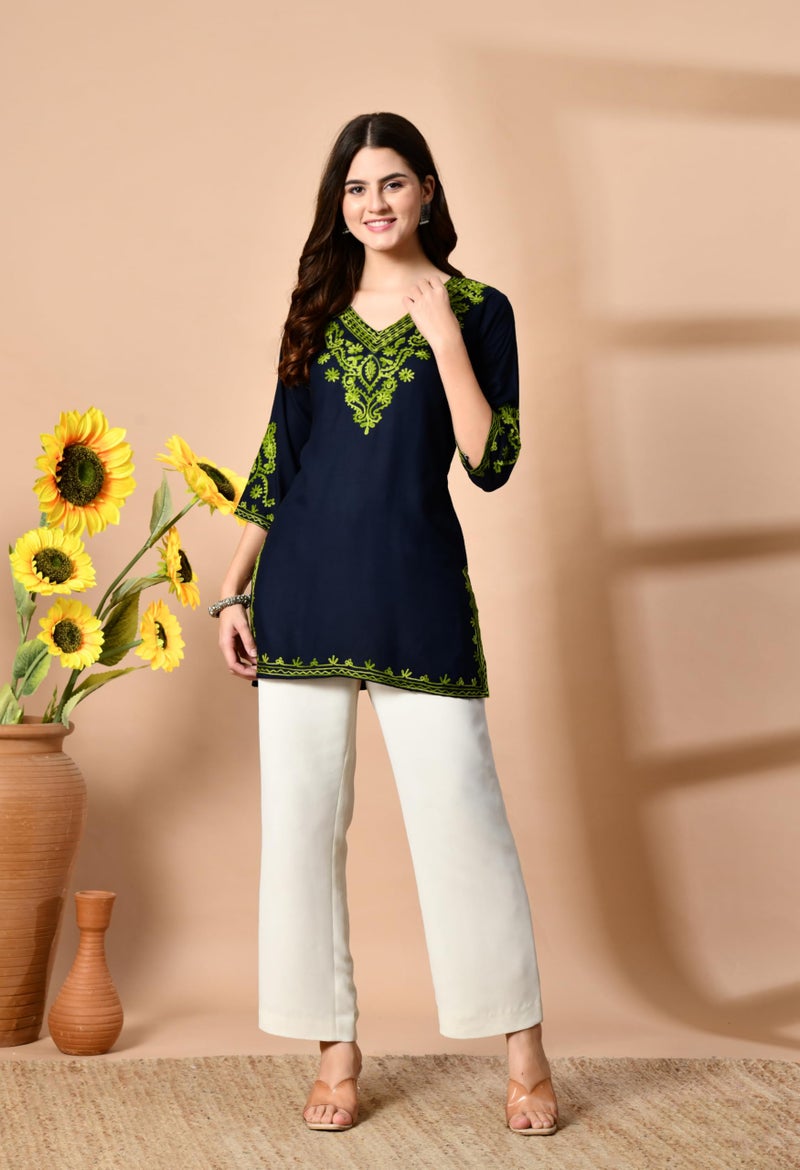 WESTEVER Embroidered Chikankari Kurti with Kashmiri Aari Work, V-Neck, 3/4 Sleeves, Rayon Fabric (in, Alpha, M, Regular, Navy-2) - Image 3