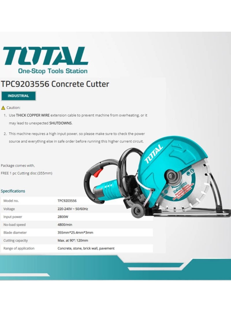 TOTAL TOTAL Power Cutter 2800W - 355mm Blade, 4800rpm No-Load Speed, 120mm Max Cutting Depth, Includes Extra Carbon Brushes, Cutting Disc & 5m Water Pipe – Heavy Duty Cutter for Metal, Concrete & Stone  - Image 2