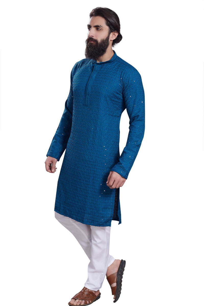 DIVISIVE Men's Sequince Embroidered Cotton Blend Only Slim Fit Kurta (DKRT222_XL_Teal) - Image 4
