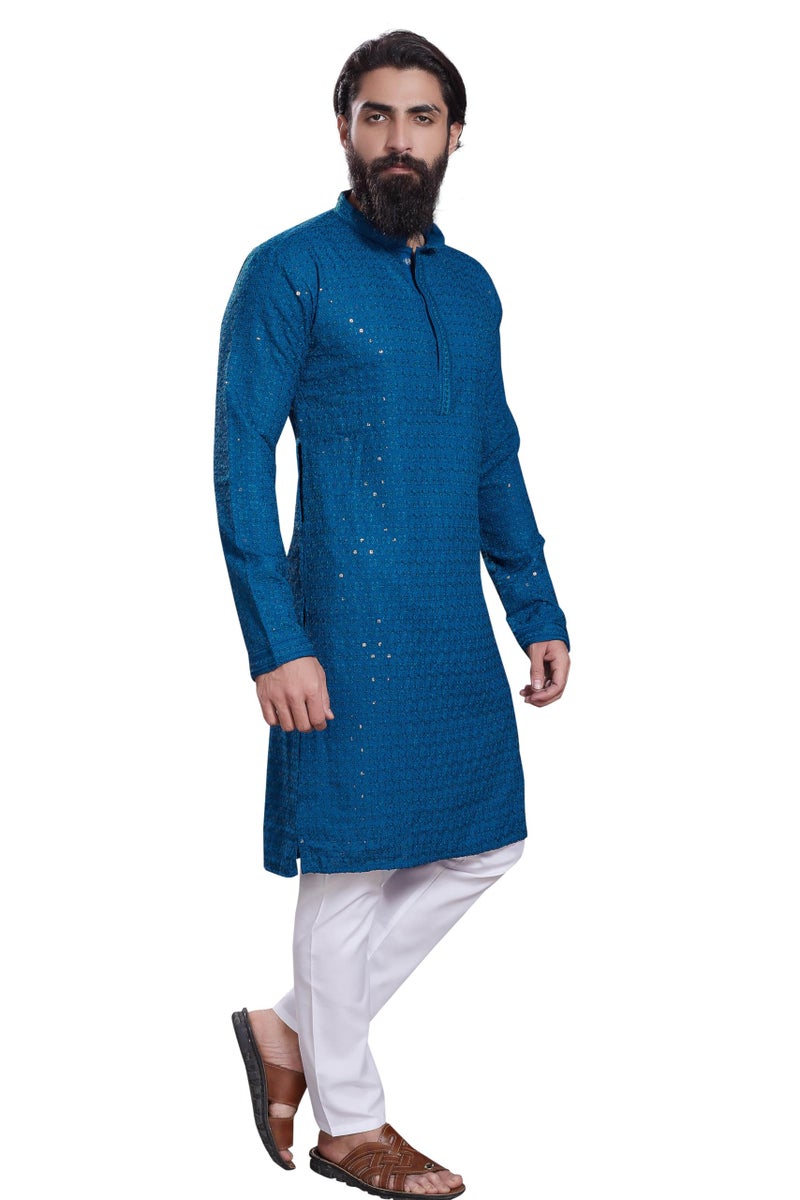 DIVISIVE Men's Sequince Embroidered Cotton Blend Only Slim Fit Kurta (DKRT222_XL_Teal) - Image 3