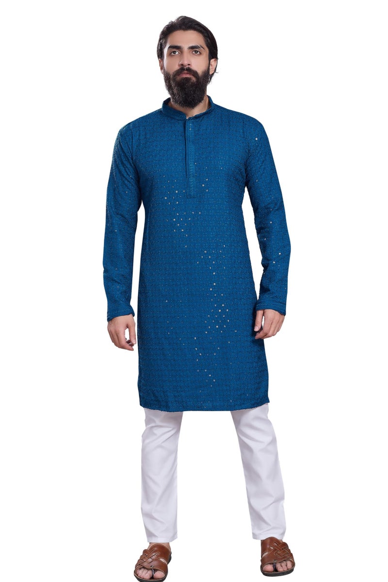 DIVISIVE Men's Sequince Embroidered Cotton Blend Only Slim Fit Kurta (DKRT222_XL_Teal) - Image 2