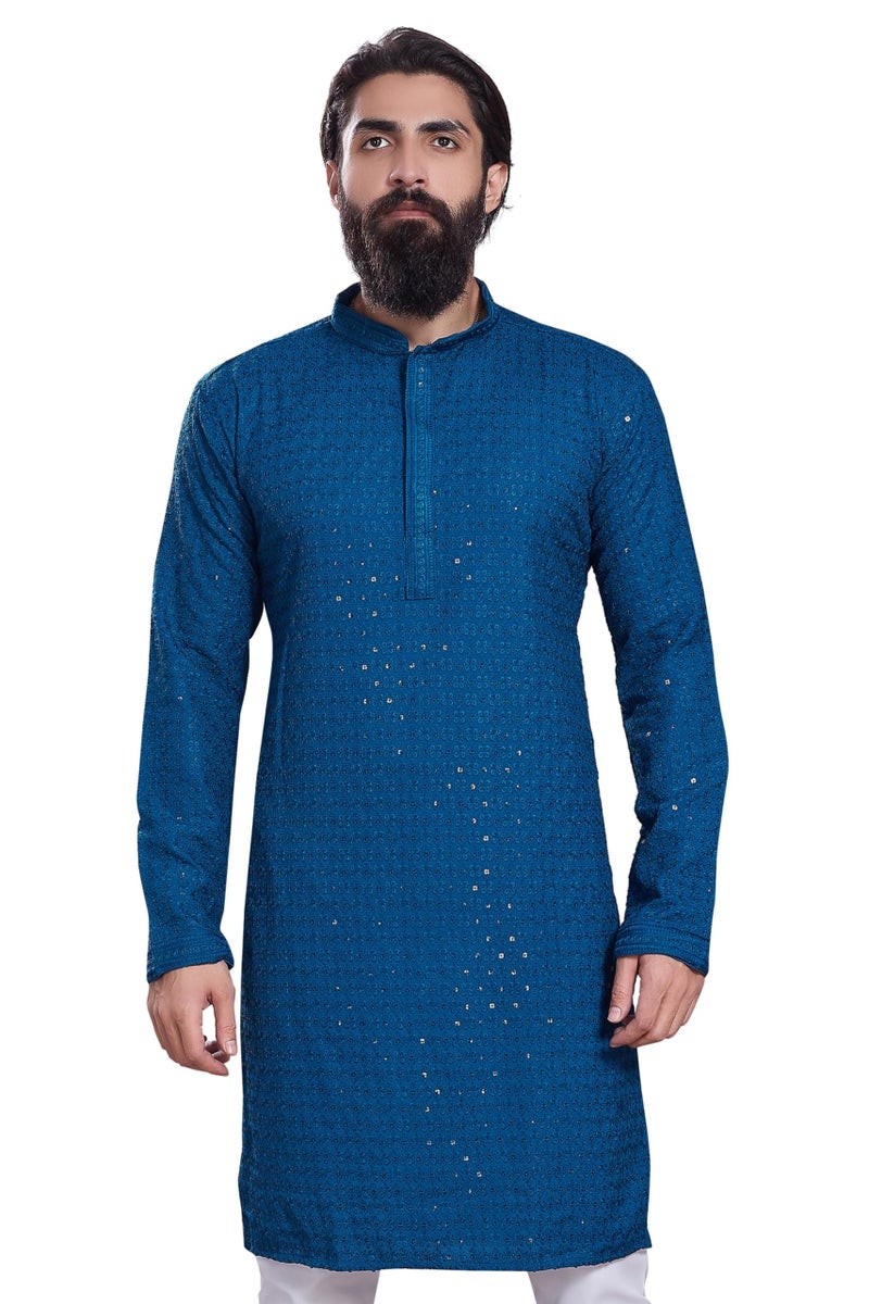 DIVISIVE Men's Sequince Embroidered Cotton Blend Only Slim Fit Kurta (DKRT222_XL_Teal) - Image 1