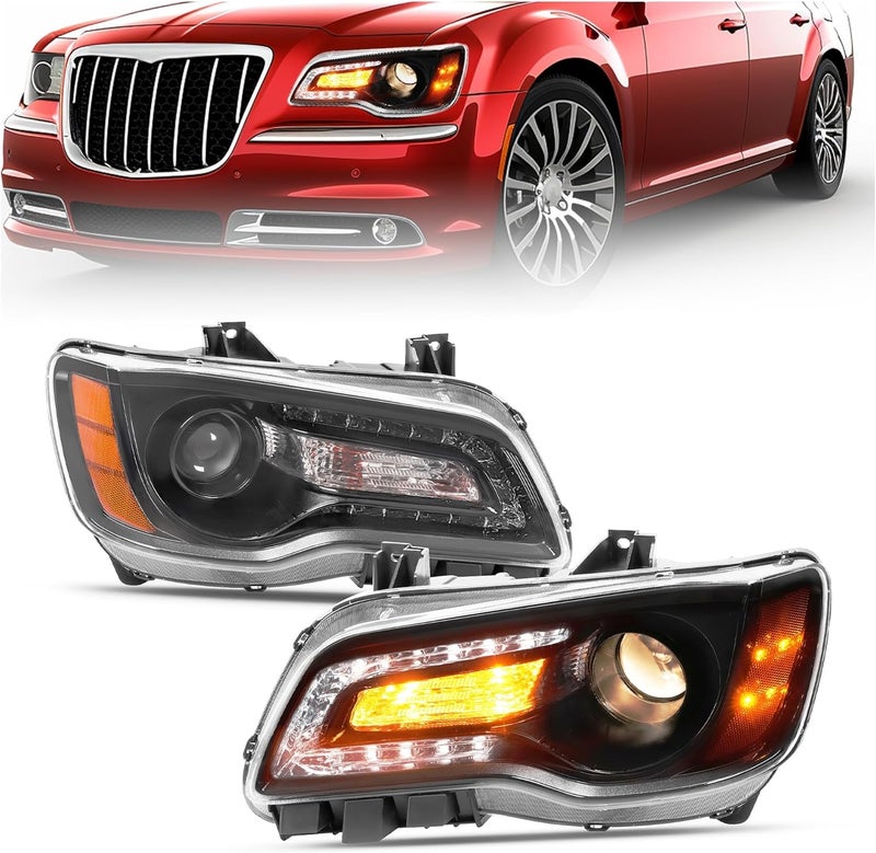 HECASA Pair Headlights for 2011-2023 Chrysler 300/300C Halogen Replacement with Clear Lens & Black Housing - Image 1