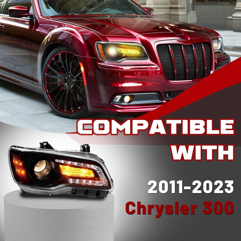 HECASA Pair Headlights for 2011-2023 Chrysler 300/300C Halogen Replacement with Clear Lens & Black Housing - Image 2
