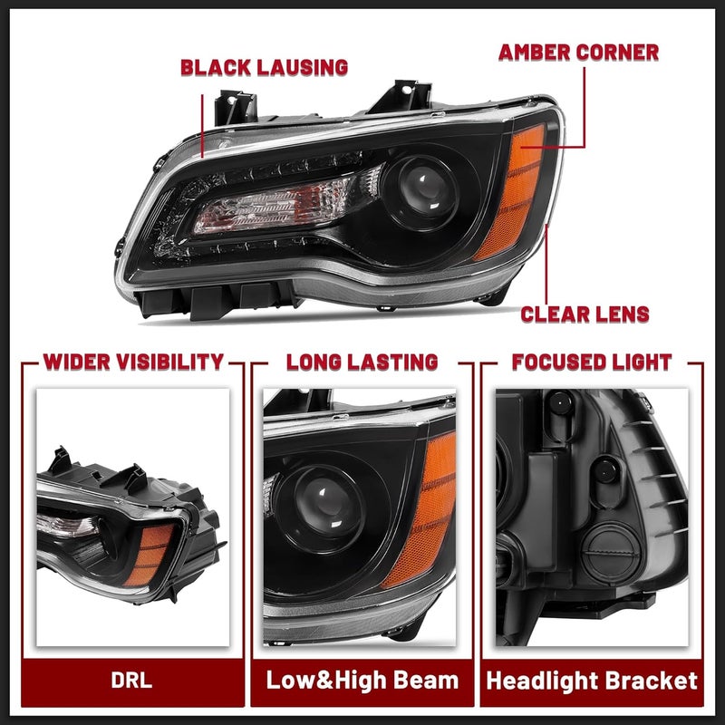 HECASA Pair Headlights for 2011-2023 Chrysler 300/300C Halogen Replacement with Clear Lens & Black Housing - Image 4