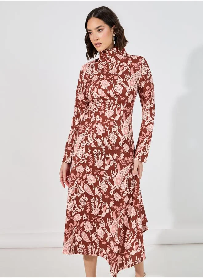 Styli Floral Print Asymmetric Hem A-Line Midi Dress
