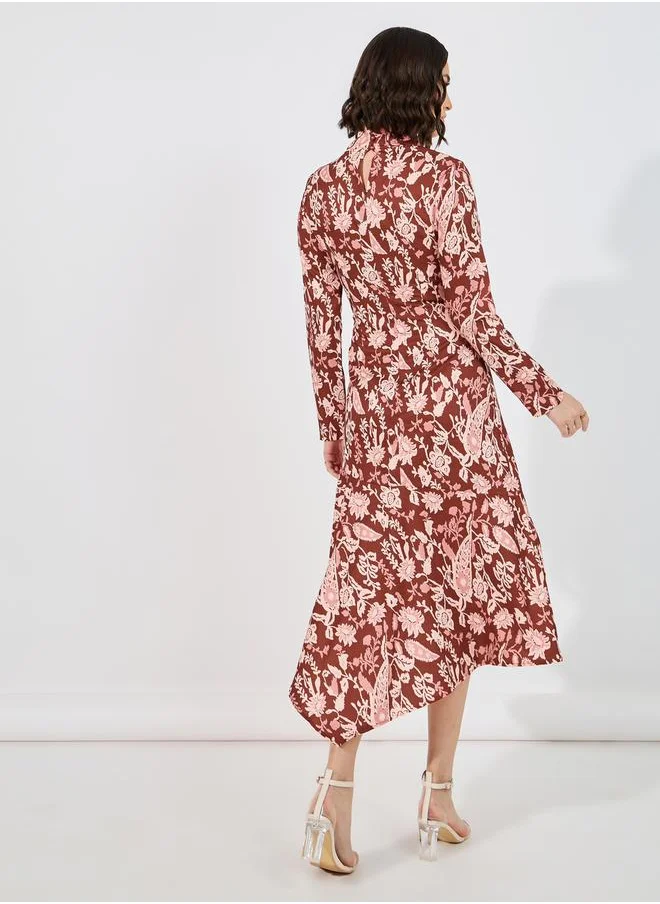 Styli Floral Print Asymmetric Hem A-Line Midi Dress