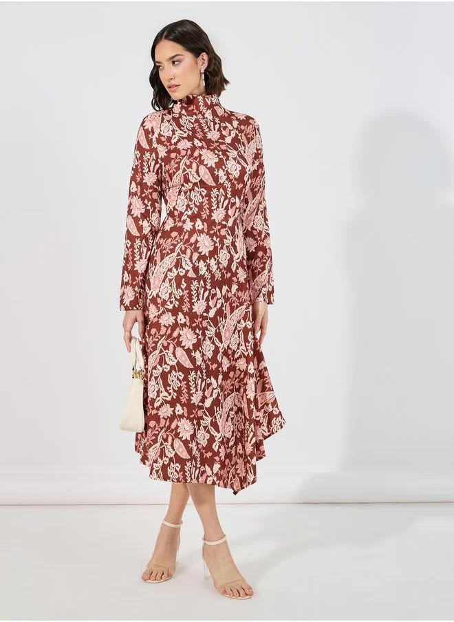 Styli Floral Print Asymmetric Hem A-Line Midi Dress