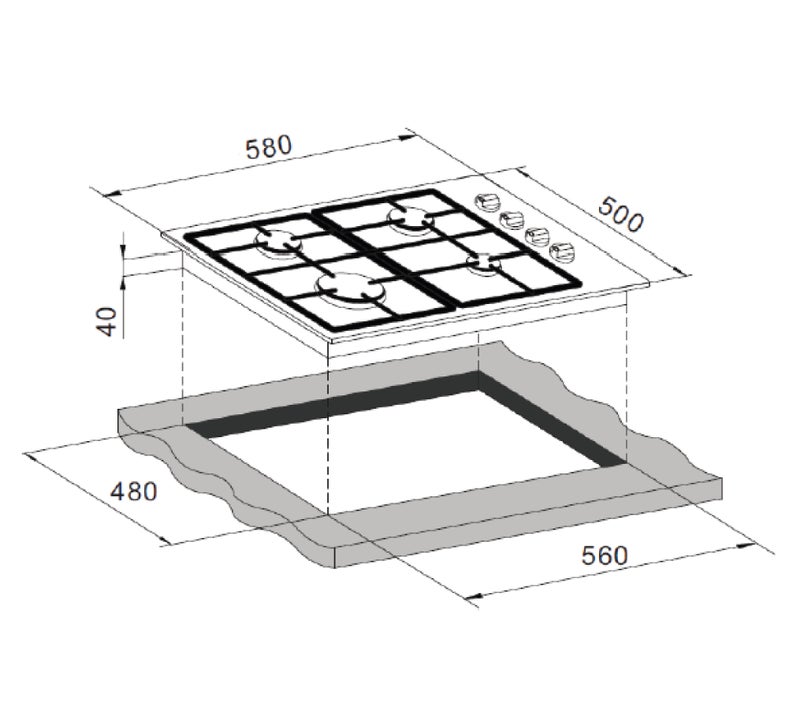 CM Delux 60 gas hob,Stainless steel cooker with black panel 4 gas bueners, auto ignition cas iron pan support - Image 4