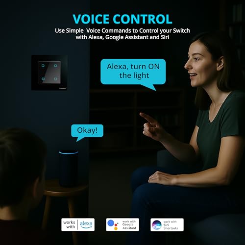 Home Mate هوم ميت® واي-فاي سمارت 4 جانج تاتش سويتش (أسود، عبوة من 1) | لا حاجة لهب | يعمل مع أمازون أليكسا، جوجل أسيستانت وسيري - Image 5
