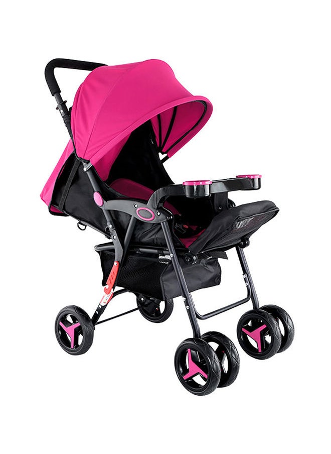 BABY PLUS - Stylish Portable Foldable Extended Canopy Baby Stroller With Reversible Handle Pink/Black - Image 1