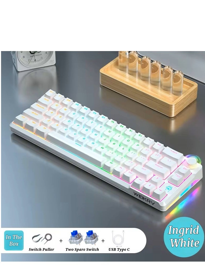 كيبورد العاب ميكانيكي، 68 مفتاح، مفتاح احمر/ازرق، اضواء RGB، عربي، سلكي USB نوع C، مقاوم للماء والغبار أبيض إنجريدي - مفتاح أزرق - Image 2