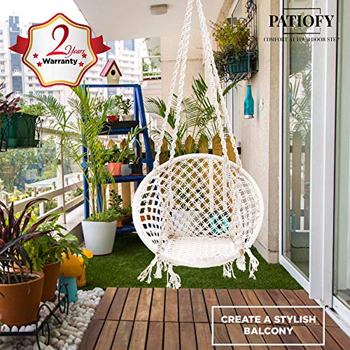 Patiofy Made In India Large Size Swing Chair|With Free Complete Hanging Kit Hammock-Hanging Chair Handmade 100% Cotton For Comfort Indoor And Outdoor(Swing With Accessories)(White) - Image 2
