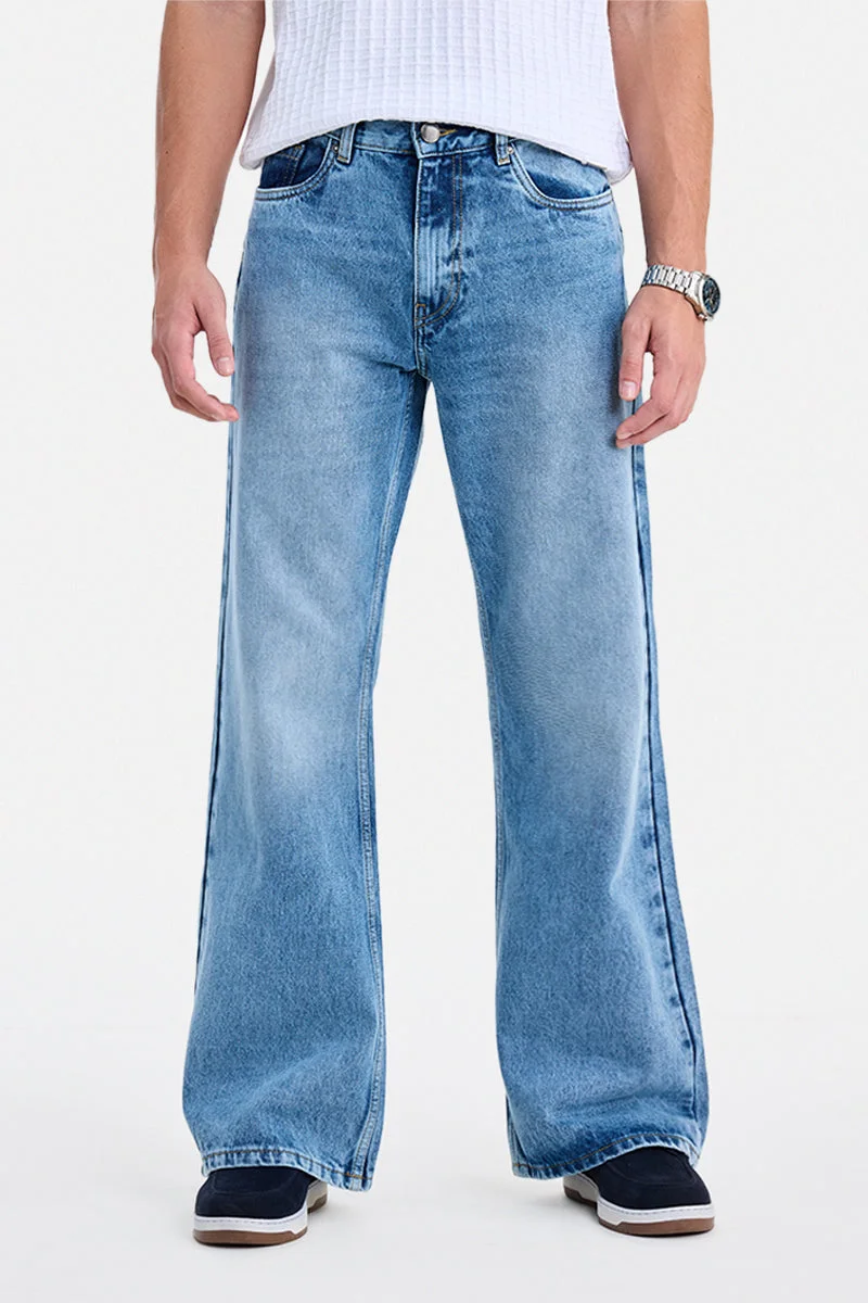سنيتش Light Blue Solid Flared Fit Streetwear Jeans