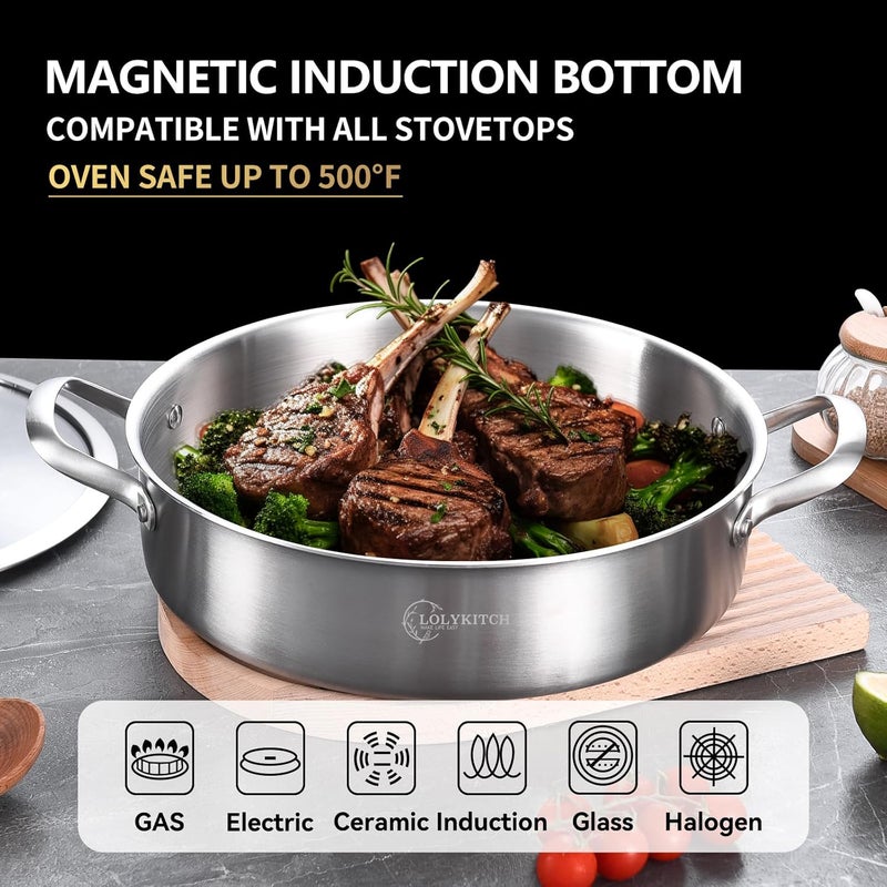 LOLYKITCH 6 QT Tri-Ply Stainless Steel Sauté Pan with Lid,12 Inch Induction Cooking Pot,Dishwasher and Oven Safe - Image 3