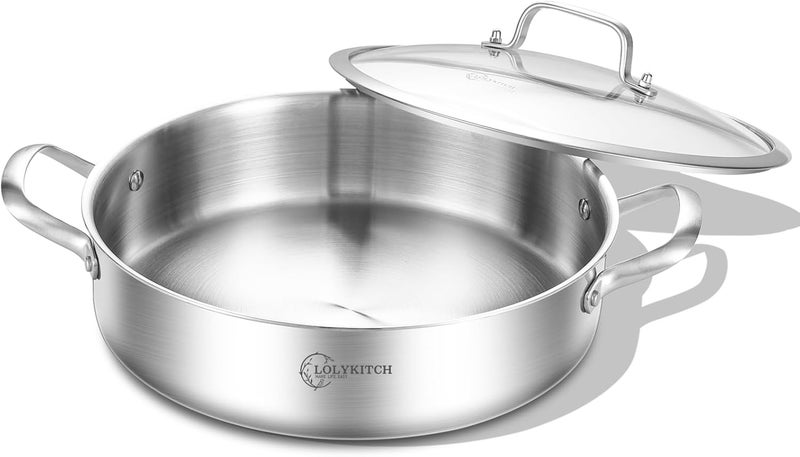 LOLYKITCH 6 QT Tri-Ply Stainless Steel Sauté Pan with Lid,12 Inch Induction Cooking Pot,Dishwasher and Oven Safe - Image 1
