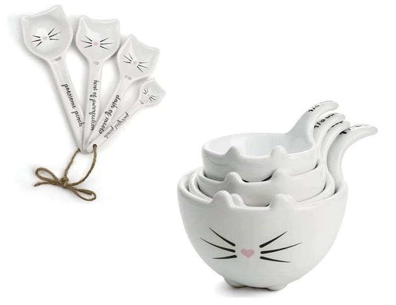 VOTUM White Cat Measuring Cups & Spoons Gift Set â€“ Ceramic Kitchen Tools for Cat Lovers & Bakers â€“ 4 Measuring Cups and 4 Measuring Spoons â€“ Unique Gift for Kitchen, Baking, and Cat Lovers - Image 1