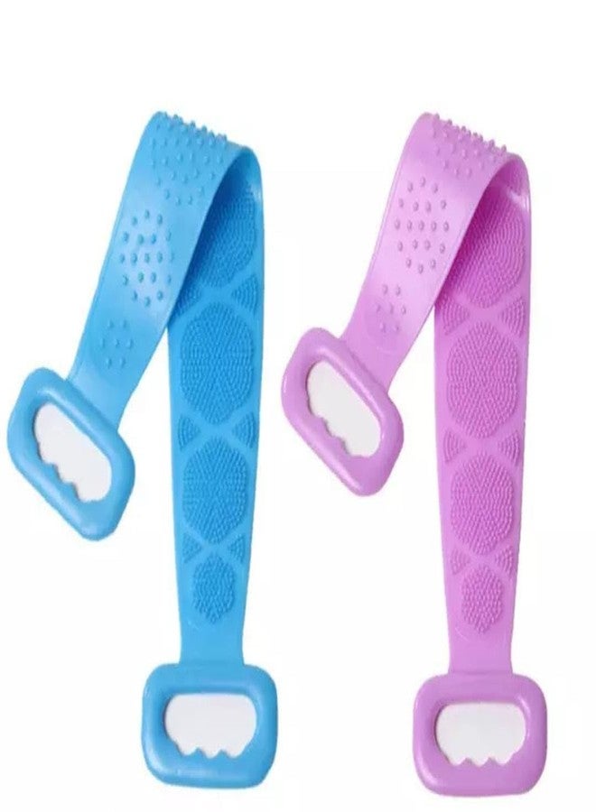 Double-Sided Silicone Body Scrubber, 70x12 cm, Pack of 2, Blue and Pink, with Ergonomic Handle - Image 1