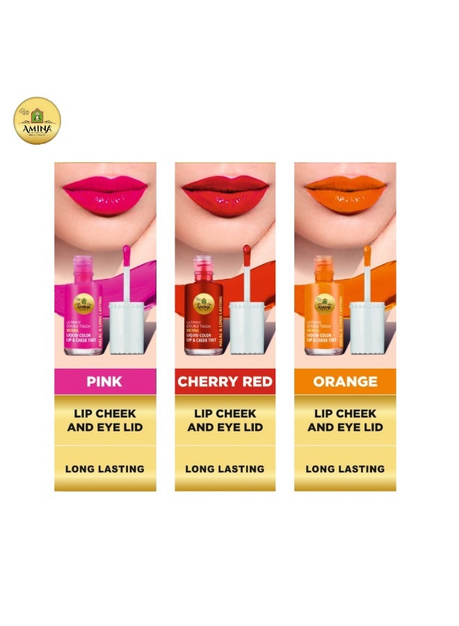 أمينا أمينة ألتيميت دبل تاتش كومبو من اللون الوردي والبرتقالي والأحمر الكرزي، أول لون سائل للشفاه والخدود بقاعدة حناء/حناء يدوم طويلاً (عبوة من 3 قطع) - Image 2