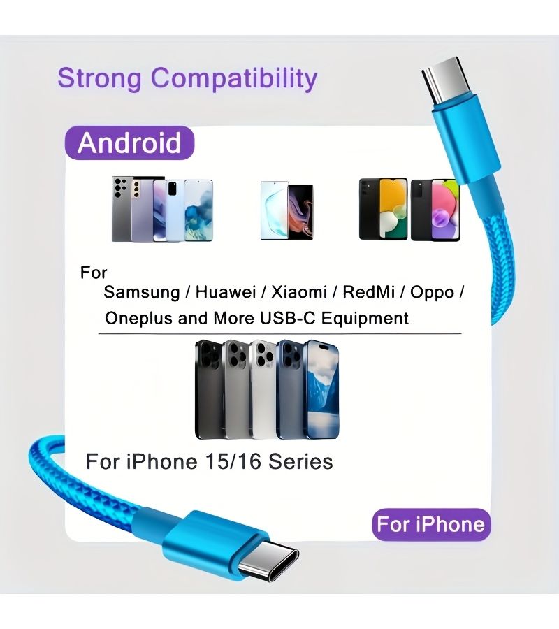 60W USB C To Type C Fast Charging Cable 2m 6.6ft Purple Compatible With Macbook Pro Air Iphone 15 Pro Max Samsung Mobile Devices - Image 3