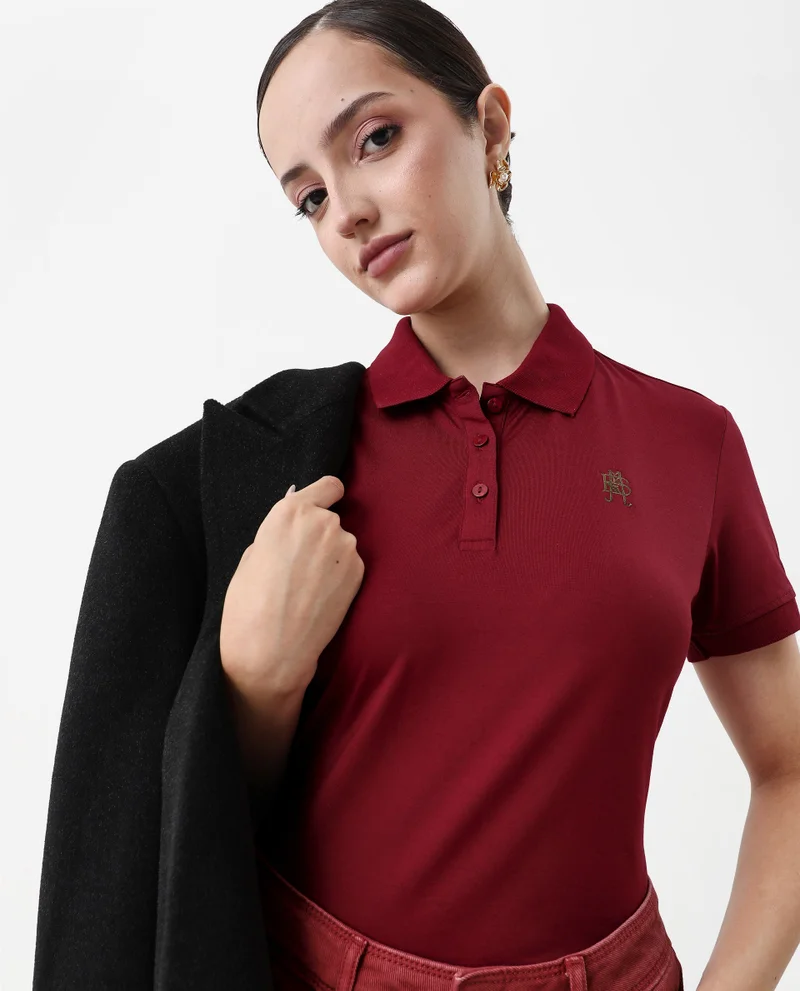 Rareism Rareism Women Lugano Maroon Cotton Poly Fabric Short Sleeve Polo Collar Button Closure Plain Polo