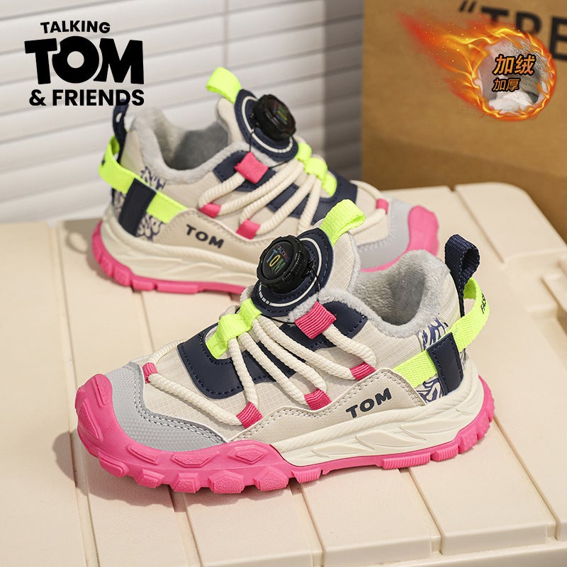Tom Cat Cotton Shoes 2024 Winter New Boys' Non-Slip Rotating Button Torre Shoes Girls All-Match Fleece-Lined Children'S Shoes - Image 1