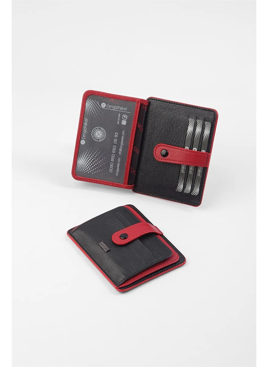 Cengiz Pakel Genuine Leather Black-Red Unisex Card Holder 2453T