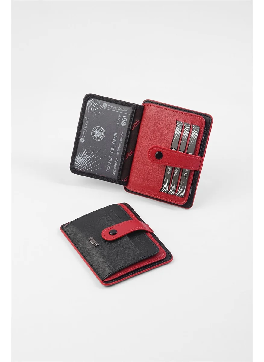 Cengiz Pakel Genuine Leather Black-Red Unisex Card Holder 2453T