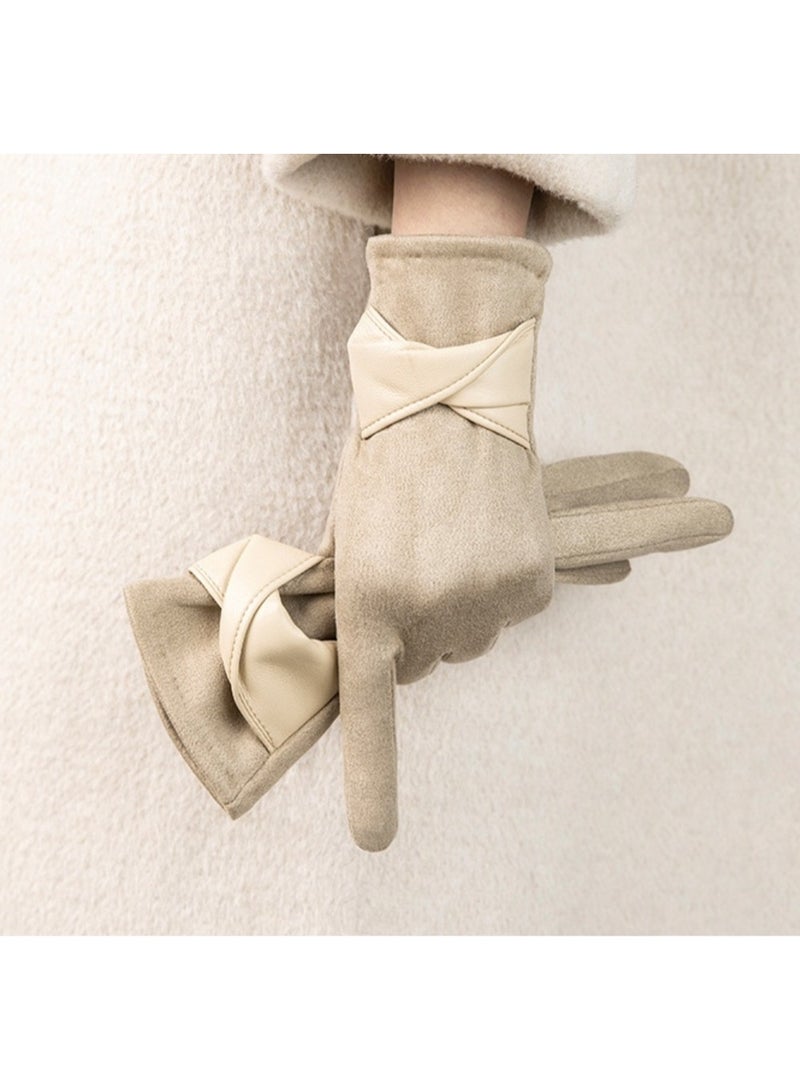 قفازات من جلد الغزال بالإضافة إلى قفازات صوف دافئة مقاومة للبرد وشاشة تعمل باللمس لركوب الدراجات والقيادة باللون البيج - Image 1