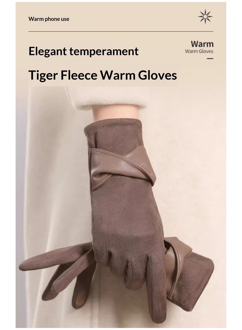 قفازات من جلد الغزال بالإضافة إلى قفازات صوف دافئة مقاومة للبرد وشاشة تعمل باللمس لركوب الدراجات والقيادة باللون البيج - Image 2