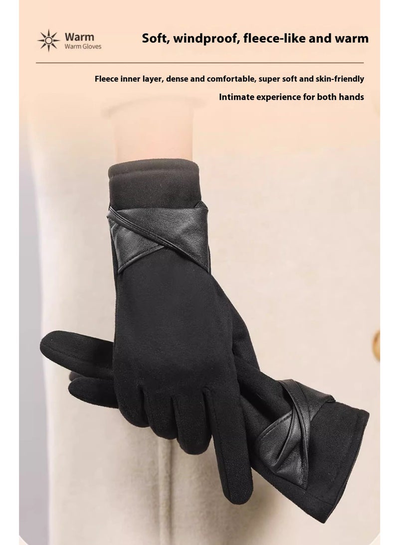 قفازات من جلد الغزال بالإضافة إلى قفازات صوف دافئة مقاومة للبرد وشاشة تعمل باللمس لركوب الدراجات والقيادة باللون البيج - Image 5