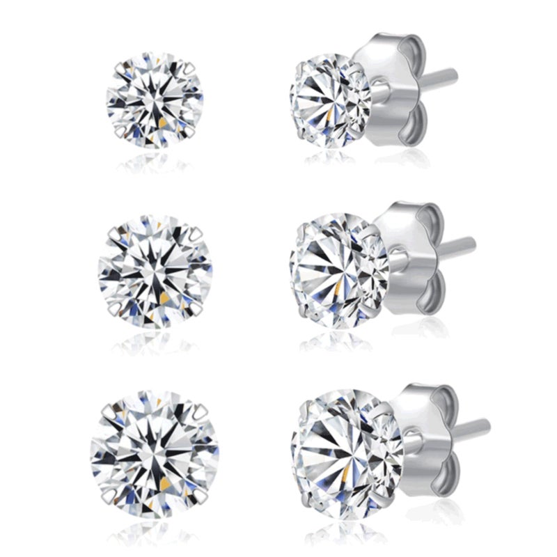 SILBERTALE 3 Pairs 925 Sterling Silver Cubic Zirconia Stud Earrings 3mm-4mm-5mm Set Men Women - Image 1