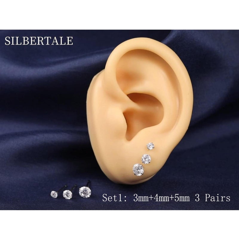 SILBERTALE 3 Pairs 925 Sterling Silver Cubic Zirconia Stud Earrings 3mm-4mm-5mm Set Men Women - Image 3