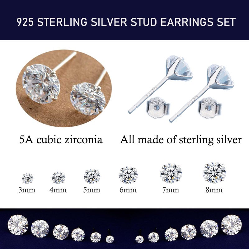 SILBERTALE 3 Pairs 925 Sterling Silver Cubic Zirconia Stud Earrings 3mm-4mm-5mm Set Men Women - Image 2