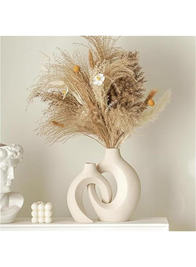 هوكور مجموعة مزهرية سيراميك مجوفة من قطعتين لديكور المنزل العصري، مزهريات بوهو بيضاء على شكل دونات بتصميم نورديك بسيط لتزيين الطاولة والزفاف وغرفة الطعام وغرفة المعيشة والمكتب والمنزل - Image 1