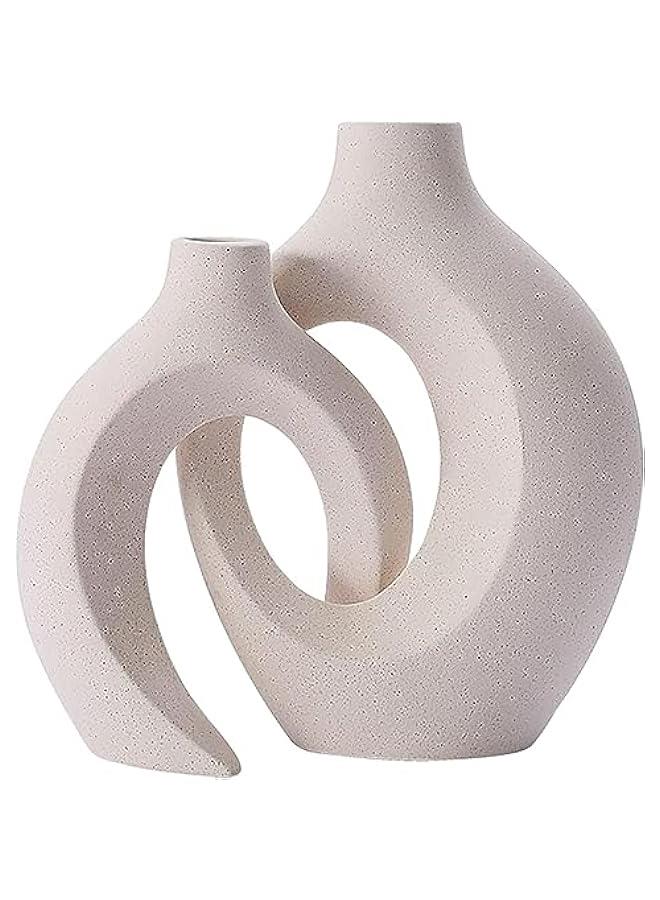 هوكور مجموعة مزهرية سيراميك مجوفة من قطعتين لديكور المنزل العصري، مزهريات بوهو بيضاء على شكل دونات بتصميم نورديك بسيط لتزيين الطاولة والزفاف وغرفة الطعام وغرفة المعيشة والمكتب والمنزل - Image 2