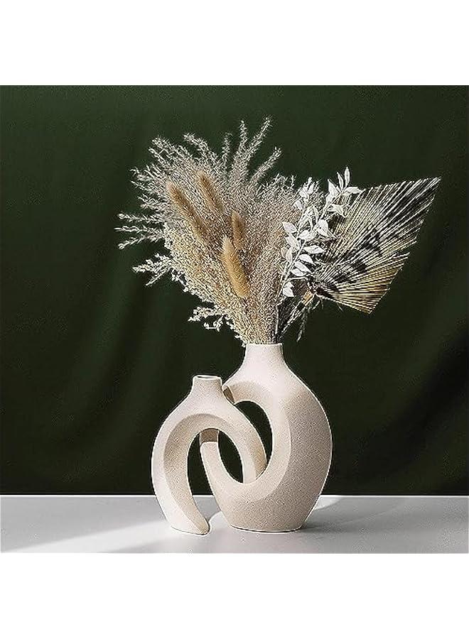 هوكور مجموعة مزهرية سيراميك مجوفة من قطعتين لديكور المنزل العصري، مزهريات بوهو بيضاء على شكل دونات بتصميم نورديك بسيط لتزيين الطاولة والزفاف وغرفة الطعام وغرفة المعيشة والمكتب والمنزل - Image 4