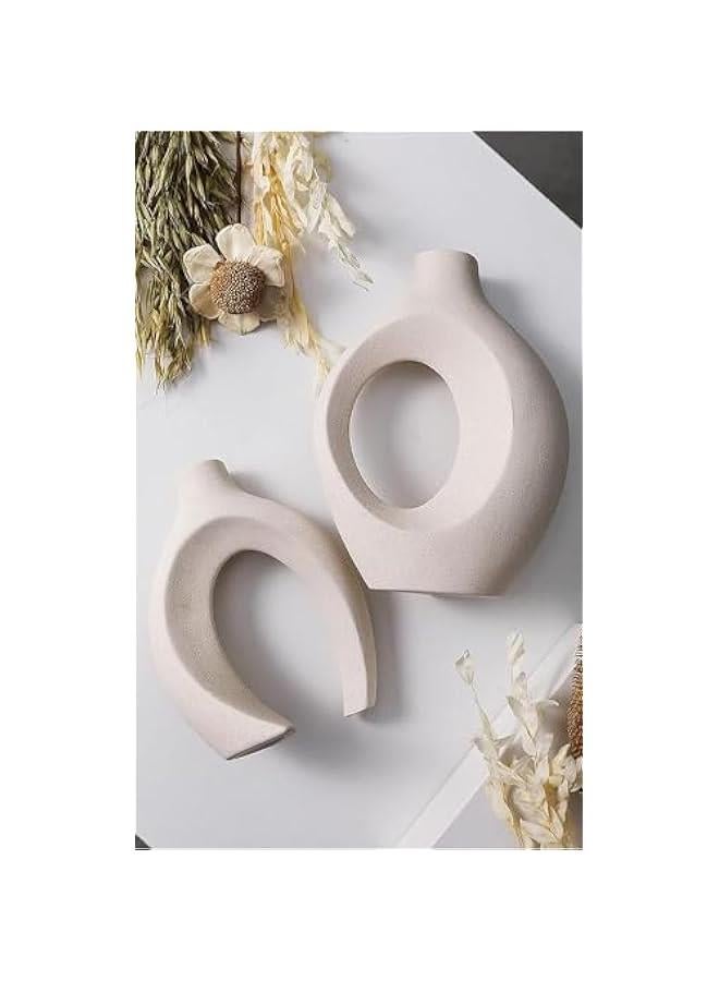 هوكور مجموعة مزهرية سيراميك مجوفة من قطعتين لديكور المنزل العصري، مزهريات بوهو بيضاء على شكل دونات بتصميم نورديك بسيط لتزيين الطاولة والزفاف وغرفة الطعام وغرفة المعيشة والمكتب والمنزل - Image 5