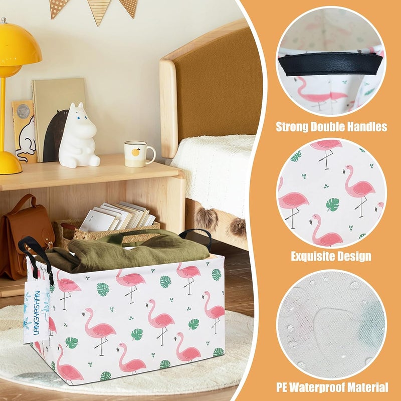 LANGYASHAN Rectangular Storage Bin Collapse Canvas Fabric Cartoon Storage Basket with Handles for Organizing Home Kitchen Boys and Girls Toys Office Closet Shelf Baskets(Rec Leaf Flamingo) - Image 3