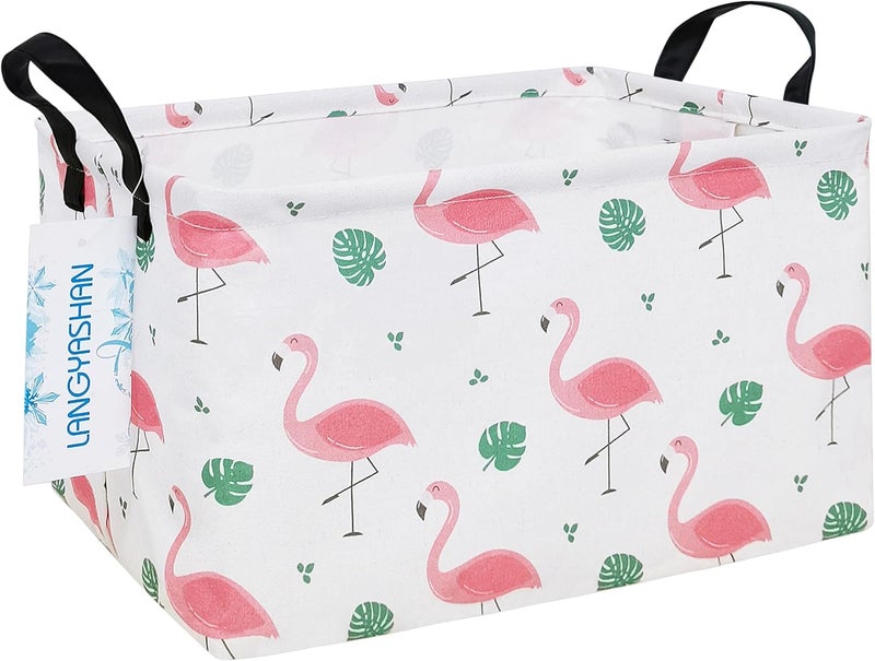 LANGYASHAN Rectangular Storage Bin Collapse Canvas Fabric Cartoon Storage Basket with Handles for Organizing Home Kitchen Boys and Girls Toys Office Closet Shelf Baskets(Rec Leaf Flamingo) - Image 1