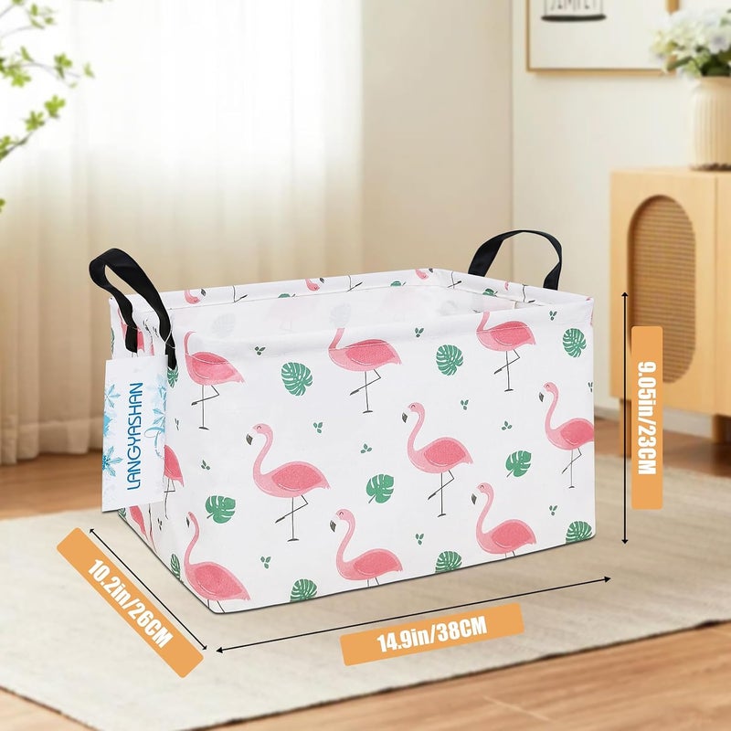 LANGYASHAN Rectangular Storage Bin Collapse Canvas Fabric Cartoon Storage Basket with Handles for Organizing Home Kitchen Boys and Girls Toys Office Closet Shelf Baskets(Rec Leaf Flamingo) - Image 2