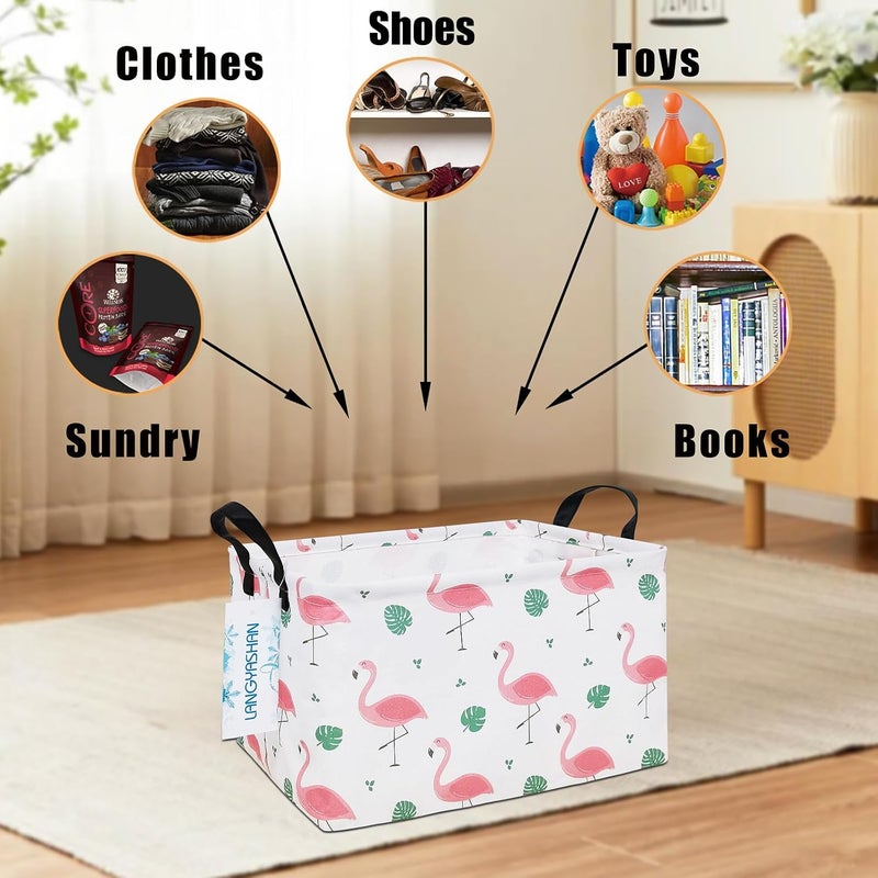 LANGYASHAN Rectangular Storage Bin Collapse Canvas Fabric Cartoon Storage Basket with Handles for Organizing Home Kitchen Boys and Girls Toys Office Closet Shelf Baskets(Rec Leaf Flamingo) - Image 4