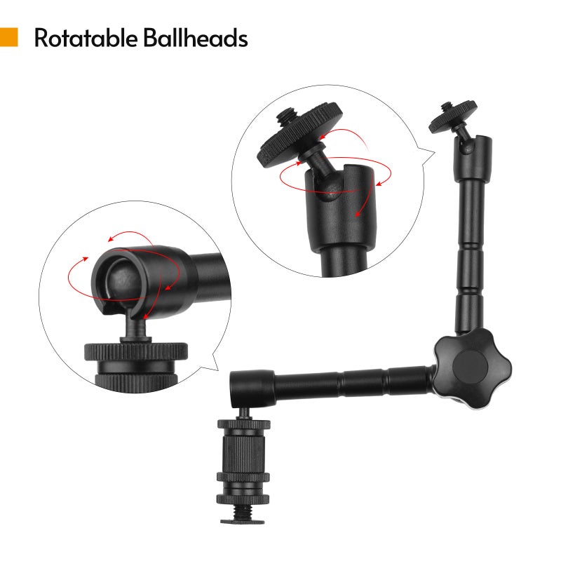 Magic Arm Clamp: Black Aluminum Alloy 360° Swivel Ball Head - Cold Shoe Mount Super Clamp with 1/4 & 3/8 Inch Thread for DSLR Camera, On-Camera Flash, Microphone Setup - Image 3