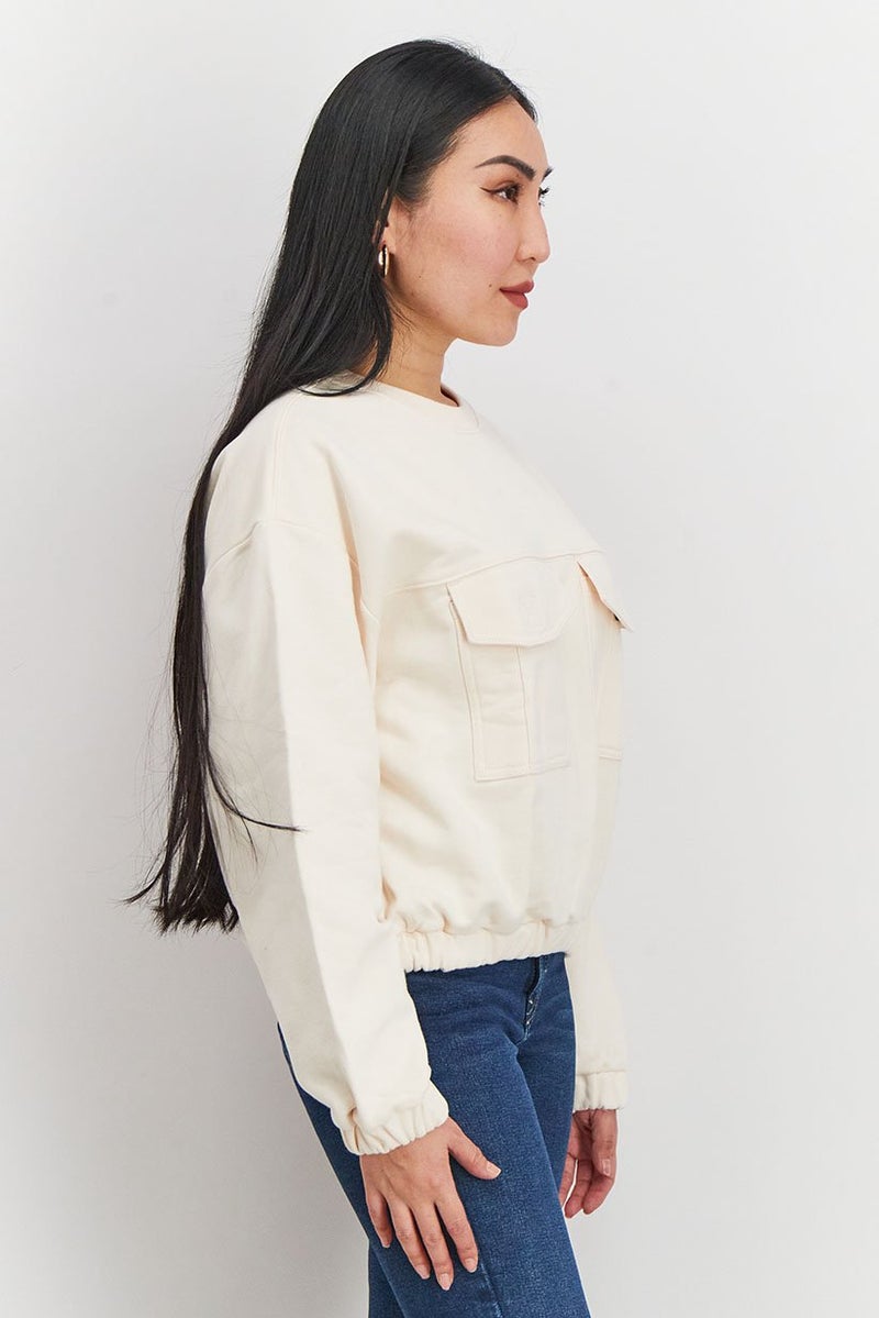 Piping Hot Women Oversized Crew Neck Textured Sweatshirt, Light Peach - Image 3