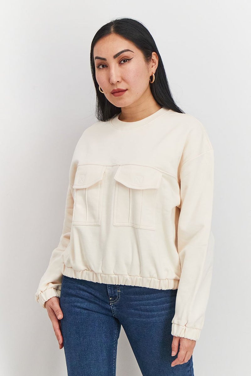 Piping Hot Women Oversized Crew Neck Textured Sweatshirt, Light Peach - Image 1