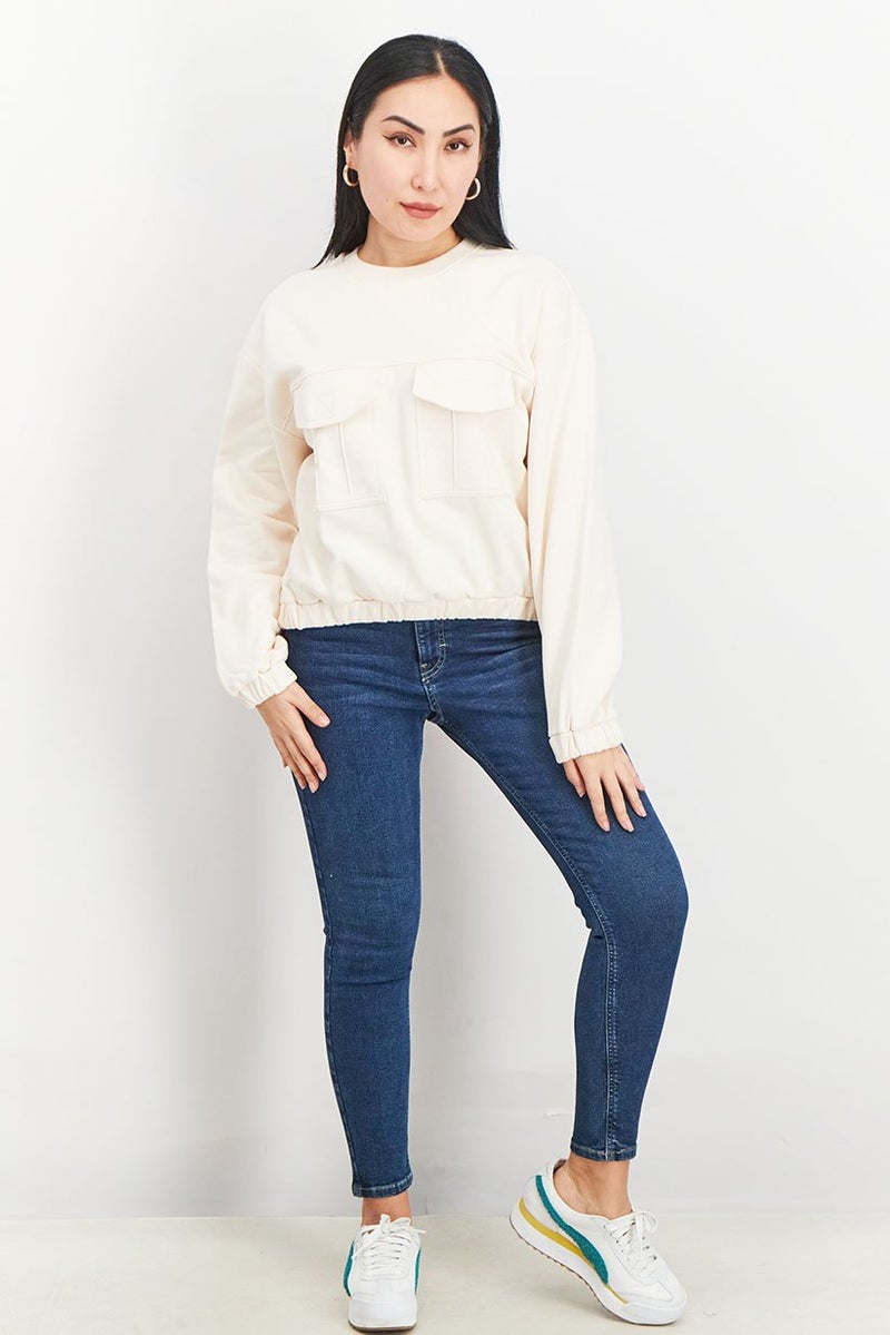 Piping Hot Women Oversized Crew Neck Textured Sweatshirt, Light Peach - Image 4