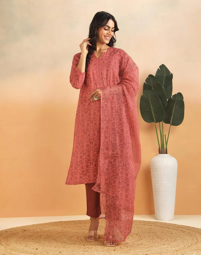 Fabindia Orange Cotton Printed Floral Pant, Dupatta & Kurta Set
